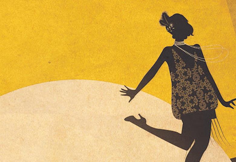 Kuvassa on ruskean keltaisella pohjalla vaaleampi puolikaari ja oikealla on mustalla värillä sivuttainen piirroskuva naisesta.