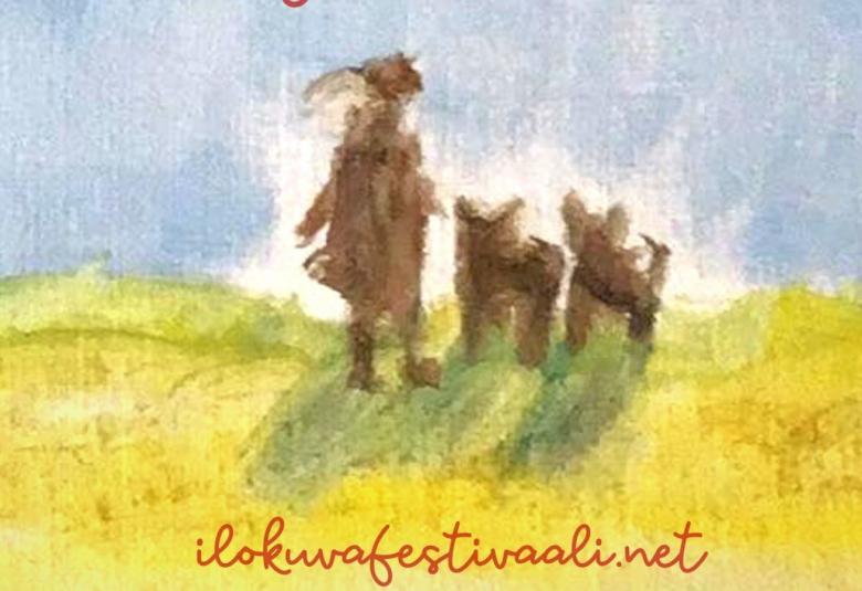 Kuvassa on osa Ilokuvafestivaalin julisteesta ja siinä on piiroskuva, jossa näkyy ihmisen ja kahden koiran hahmot.
