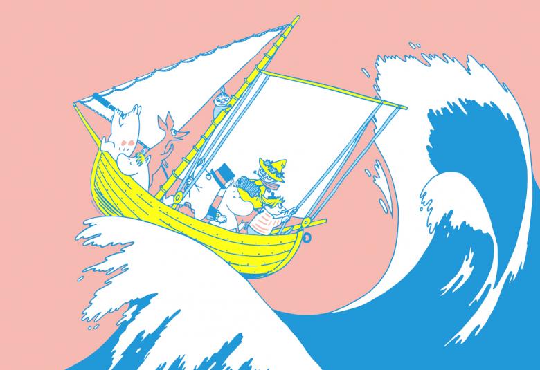 Kuvassa on vaalean oranssisella pohjalla vaalean sininen aalto, jossa on purjevene Muumilaakson asukkaiden kanssa.