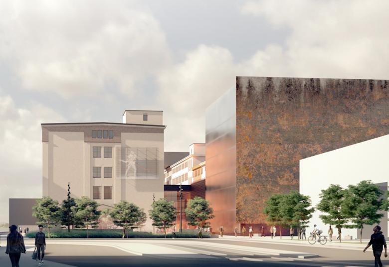 Kuvassa on havainnekuva tulevasta Tanssin talosta Kaapelitehtaan vieressä. 