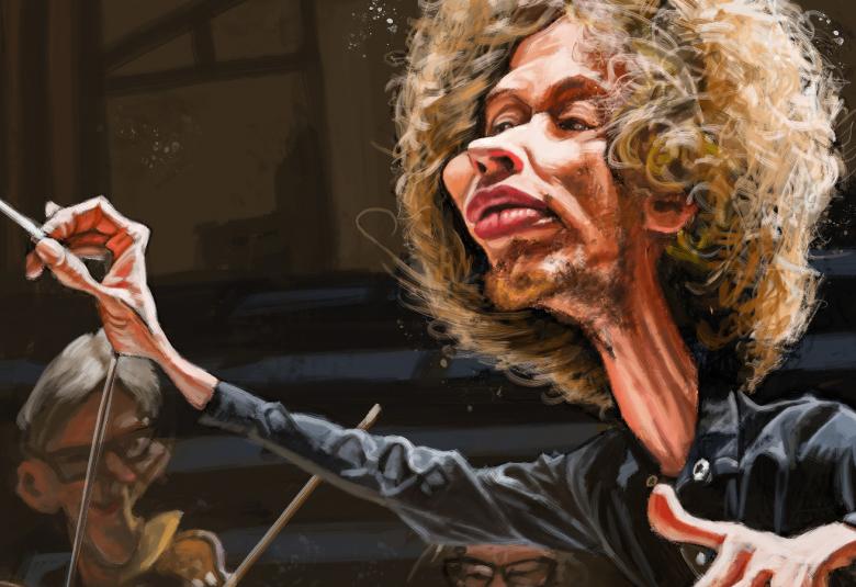 Kuvassa on karikatyyri Santtu-Matias Rouvalista johtamassa orkesteria.  Väri on ruskehtava.