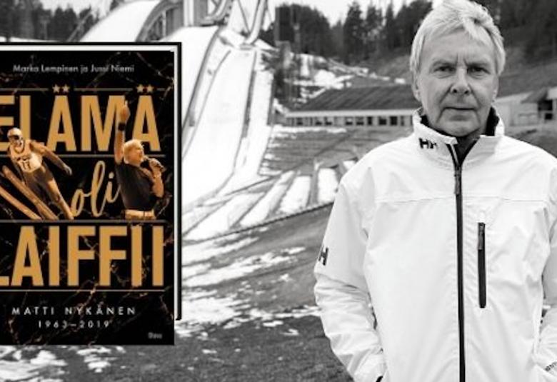 Kuvassa on vasemmalla kirjan kansi ja oikealla Matti Nykänen valkoisessa toppatakissa.