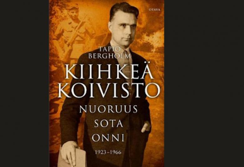 Kuvassa on kuva kirjan kannesta ja sen molemmin puolin tummat neliöt.  Kannessa on Mauno Koivisto seisomassa ja kirjan nimi Kiihkeä Koivisto.  Tausta on kirjavan ruskeaa.