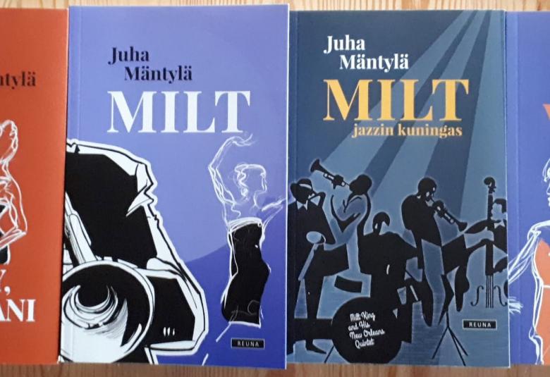 Kuvassa on vierekkäin neljä kirjaa, joiden kaikkien otsikkona on Milt ja kirjoijen omat nimet.