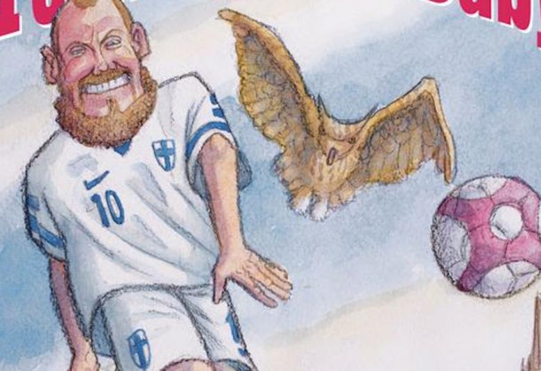 Kuvassa on piirroskuva Teemu Pukista, jolla on valkoinen pienillä Suomen lipuilla ja numerolla 10 varustettu jalkapalloasu päällään. Vieressä lentää haukka ja jalkapallo.