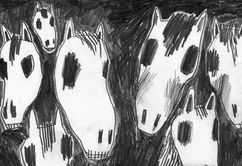 Kuvassa on Emmi Jormanaisen teos Eksyksissä, jossa on musta-valkoisia hevosenpäitä.