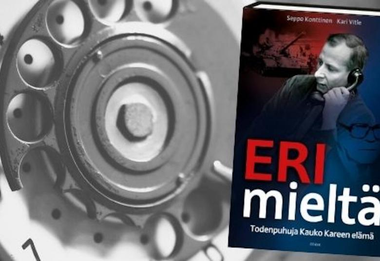 Kuvassa on taustalla vanhan puhelimen numeropyörityskuva ja oikealla kuva kirjan kannesta.