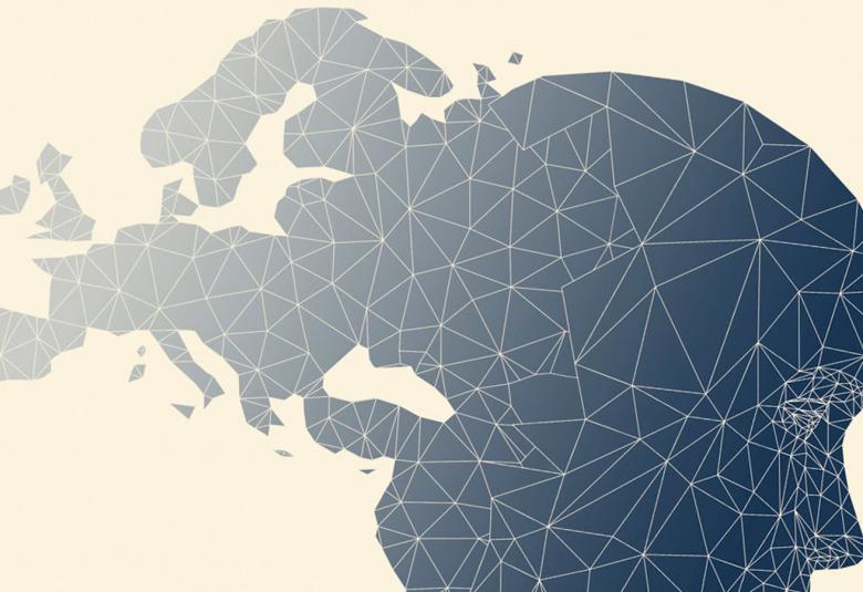 Kuvassa on vaalean keltaisella pohjalla tumma pohjoisen Euroopan kartta, joka päättyy ihmisen sivukuvaprofiiliin.