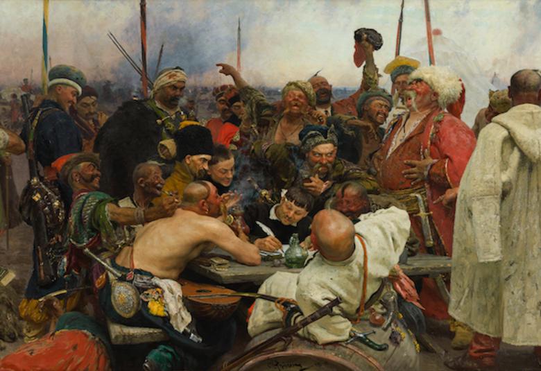 Kuvassa Ilja Repinin teos 'Zaporogit kirjoittamassa pilkkakirjettä Turkin sulttaanille' Ateneumin taidemuseon 19.3.–29.8.2021 järjestettävässä näyttelyssä.