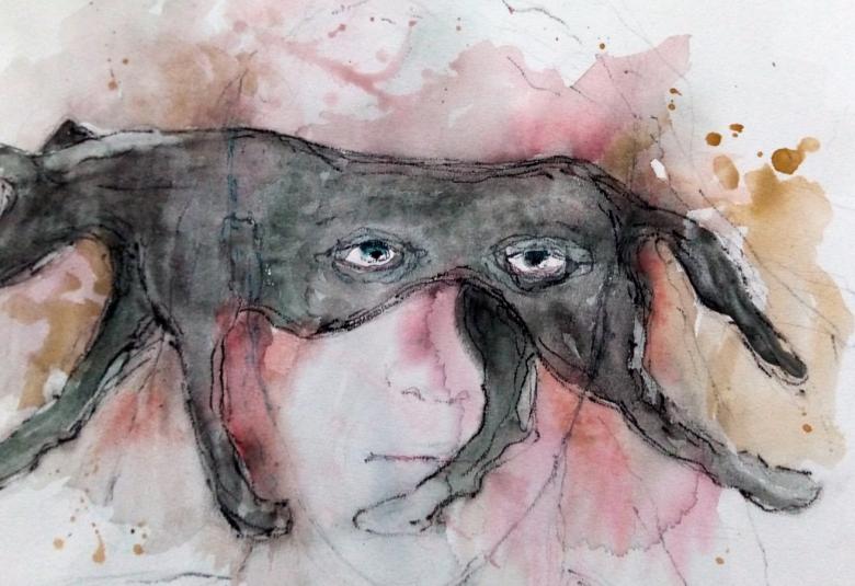 Kuvassa on akvarelli, jossa on keskellä on musta koira juoksemassa.  Tausta on vaalea.