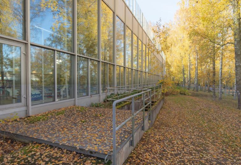 Kuvassa on Riihimäen uimahallin lasinen julkisivu kuvattuna syksyllä.  Maassa on värikkäitä lehtiä.