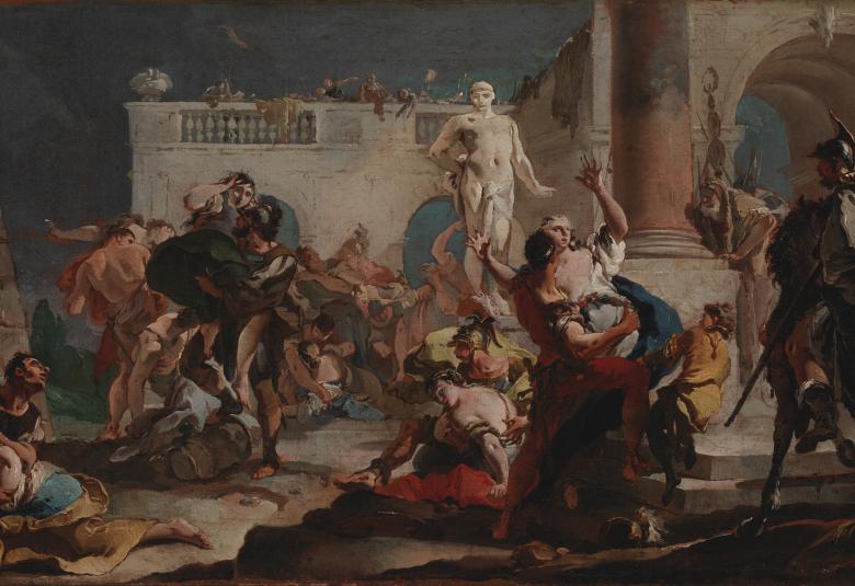 Kuvassa on tummasävyisesti maalattu kuvaus Sabiinitarten ryöstöstä.