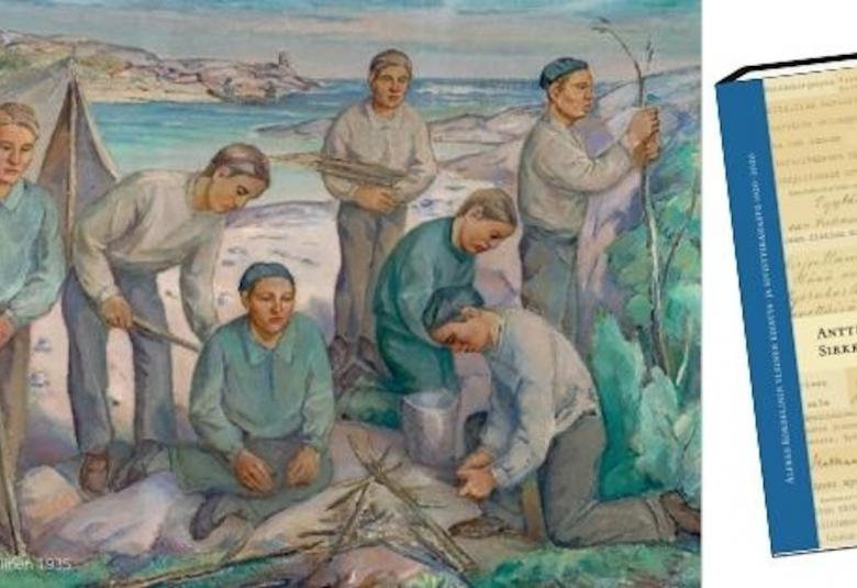 Kuvassa on Tyko Sallisen maalaus, jossa on poikia rantakalliolla. Oikealla on kirjan kansi.