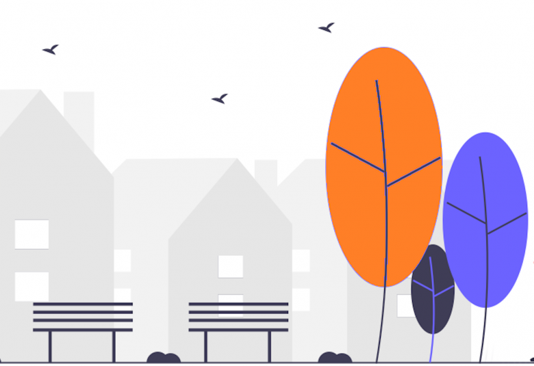 Kuvassa on graafisia sinisiä puita ja oikeassa reunassa on kävelevä nuori nainen.