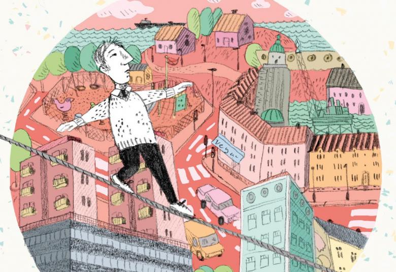 Kuvassa on osa kirjankannesta, jossa on piirroskuvaa kaupungin kerrostaloista vaaleilla väreillä.