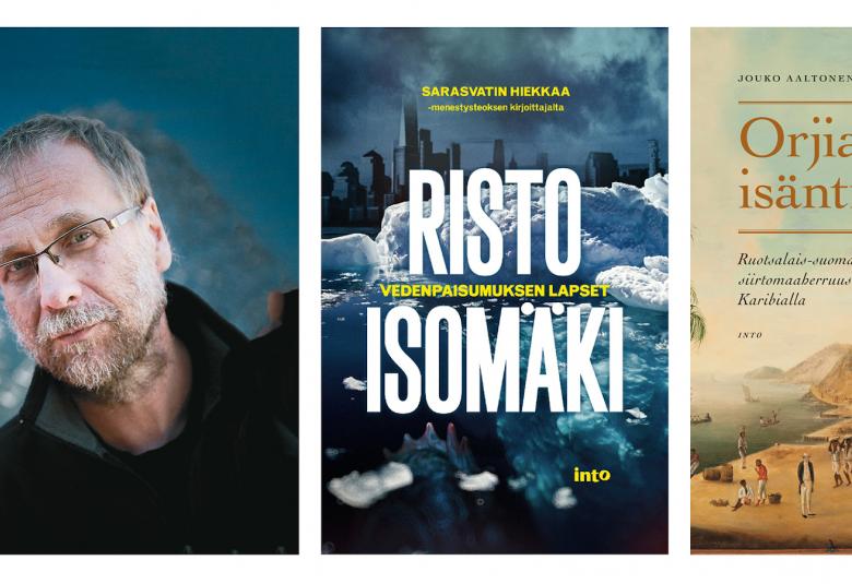 Kuvassa on vasemmalla on Risto Isomäen kasvokuva, sitten kirjan Sarasvatin hiekkaa ja Jouko Aaltosen sekä Seppo Sivosen kirjan Orjia ja isäntiä kannet.