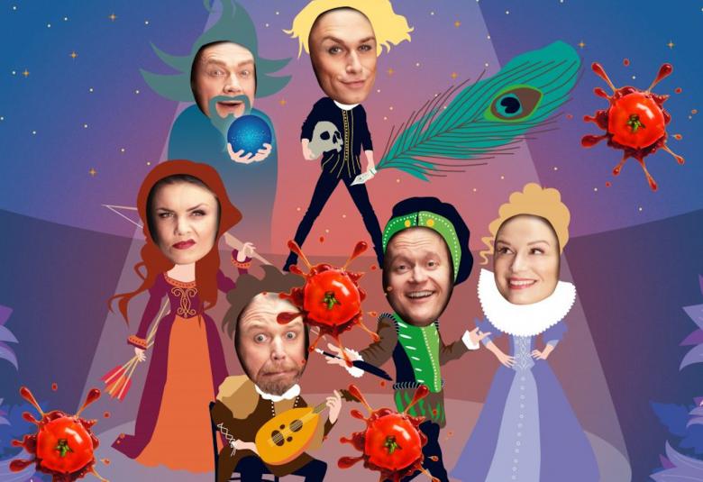 Kuvassa ovat musikaalin näyttelijät kulississa, jossa näkyvät kaikkien päät.