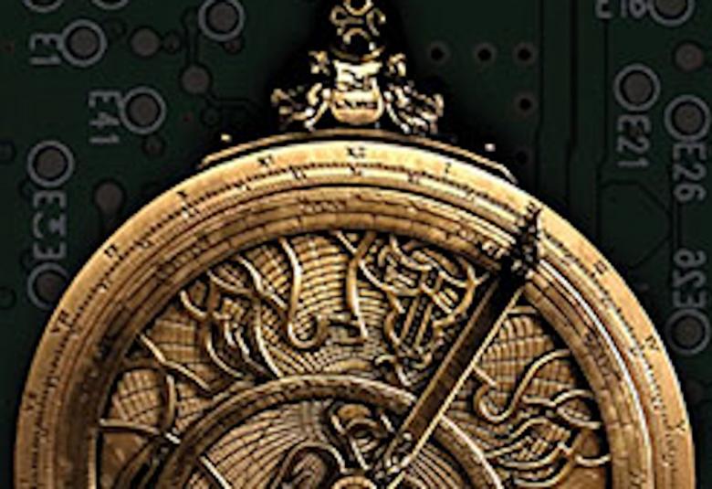 Kuvassa on kellon näköinen vanha mittari, joka on pronssin värinen.