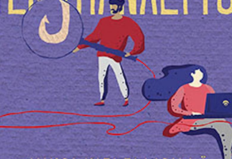 Kuvassa on osa kirjan kannesta, jossa piirroskuvana seisova mies ja istumassa läppäriä käyttävä nainen.