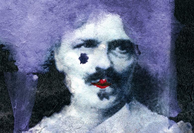 Kuvassa on Strindbergin kasvot harmaansinertävän hiuspehkon kanssa tummalla pohjalla. 