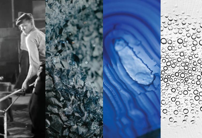 Kuvassa on kolme osaa ja vasemmalla lasinpuhaltaja, sitten harmaa ja värillinen lasimassaa.