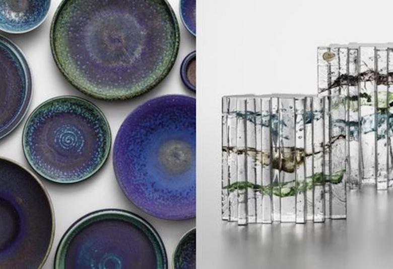 Kuvassa on vasemmalla on Liisa Hallamaan lautasia ja oikealla Helena Tynellin lasiteoksia