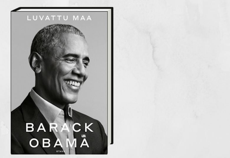 Kuvassa on vasemmalla Luvattu maa -kirjan kansi ja kirja on harmaalla pohjalla. Kuva on musta-valkoinen.