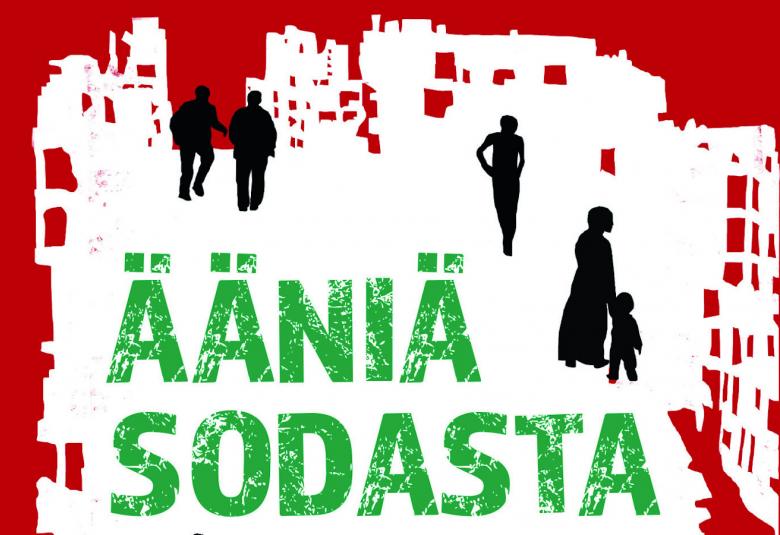 Kuvassa on osa kirjan kannesta ja siinä lukee vihreällä Ääniä sodasta valkoisella pohjalla. Reunaväri on viininpunainen.