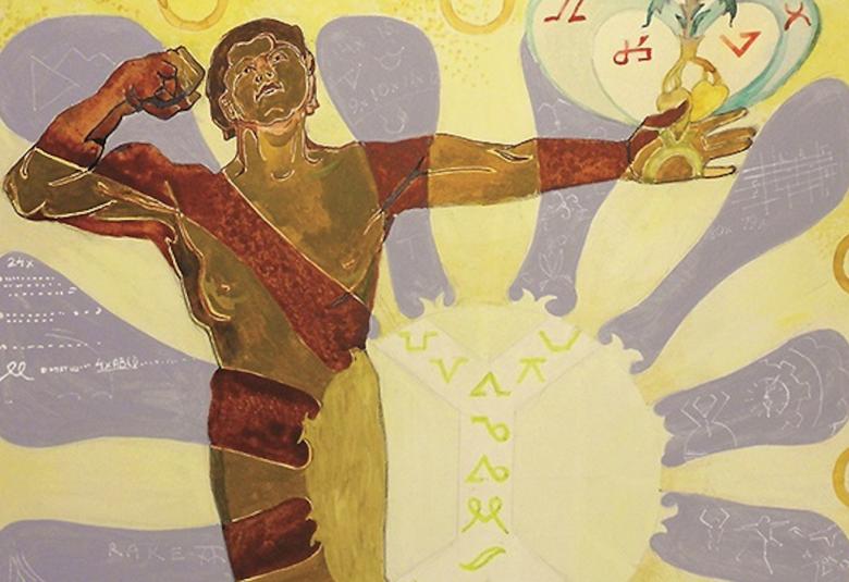 Kuvassa on ruskea ihmishahmo ja harmaita kuvioita keltaisella pohjalla.