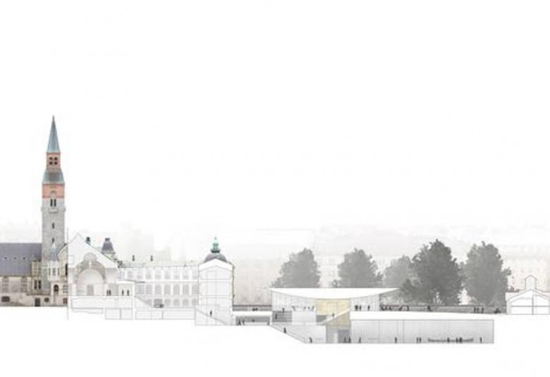 Kuvassa on musta-valkoinen havainnekuva kansallismuseon päärakennuksesta ja uudesta rakennuksesta.