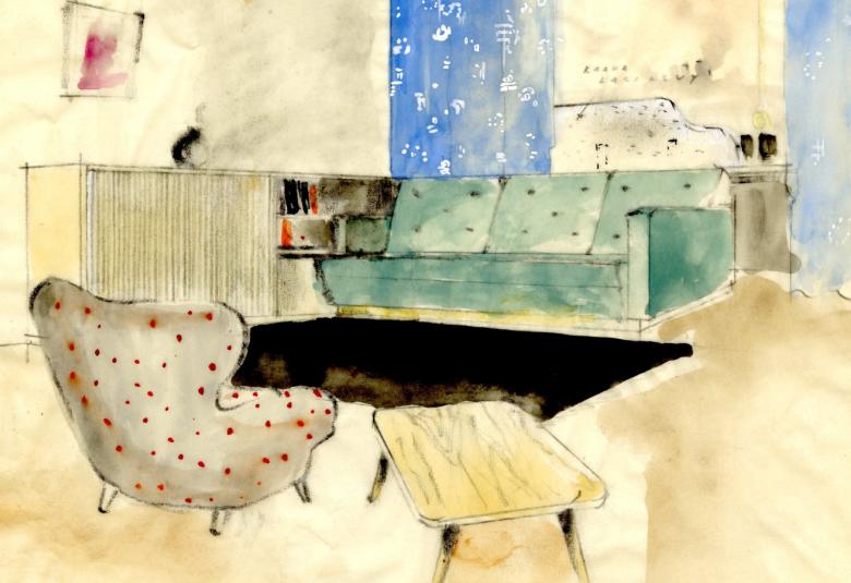 Kuvassa on sisustusluonnos, jossa on vihertävää nojatuoli, pöytä ja sohva sekä hyllykkö seinän vieressä.  Takana olevat verhot ovat siniset.