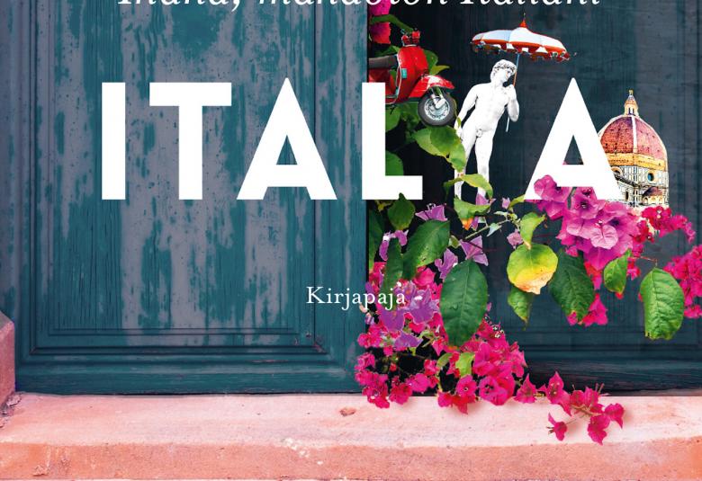 Kuvassa on osa kansikuvasta ja siinä on osa ikkunasta, jossa on kukkia.  Kuvassa lukee keskellä isoin kirjaimin valkoisella Italia.