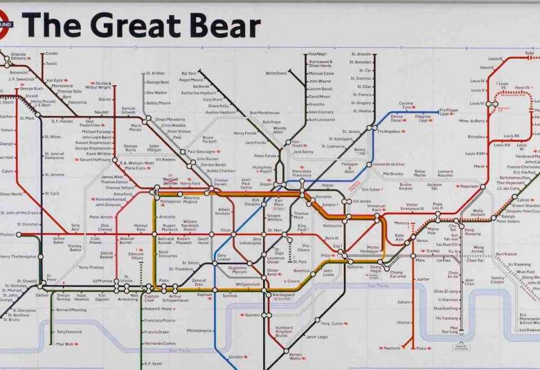 Kuvassa on Lontoon metrokartta, jonka otsikkona on The Big Bear.