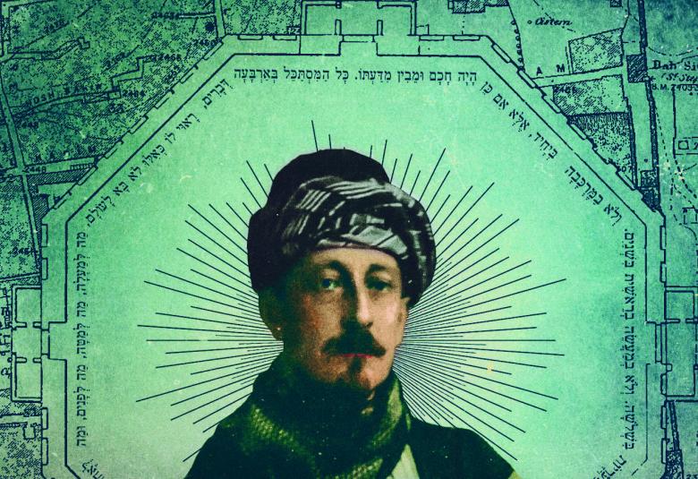 Kuvassa on Valter Juvelius mustassa karvahatussa ja taustalla maailman kartta. Kuvan sävy on sini-harmaa.