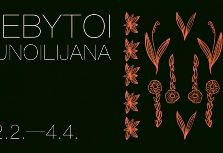 Kuvassa on mustalla pohjalla kahtia jaettu juliste, jossa vasemmalla lukee Debytoi runoilijana 22.2.-4.4. ja toisella puoliskolla ruskeita erilaisia kukkia mm. kieloja.