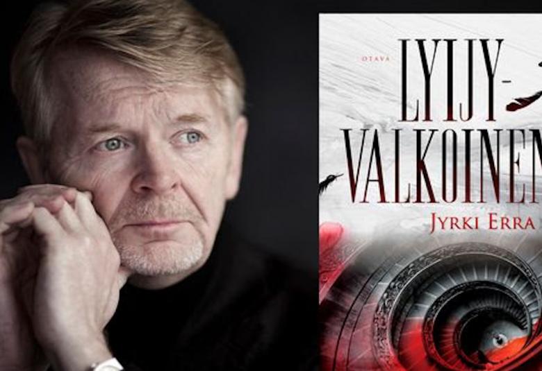 Kuvassa on vasemmalla Jyrki Erran kasvokuva ja oikealla on kirjan kansi, Jossa lukee Lyijyvalkoinen mustalla ja taustalla on pyöreästi alaspäin menevä portaikko.