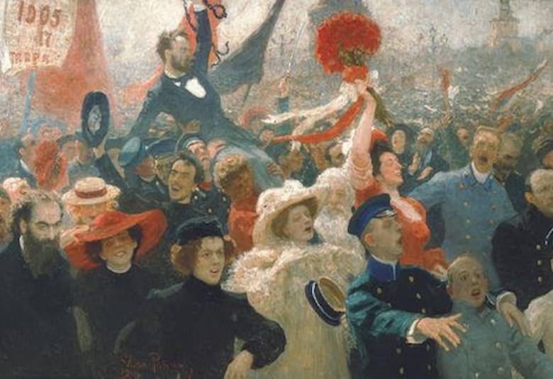 Ilja Repinin maalaus Mielenosoitus lokakuun 17. päivänä vuonna 1905, nähtävissä Ateneumin 2021 näyttelyssä.