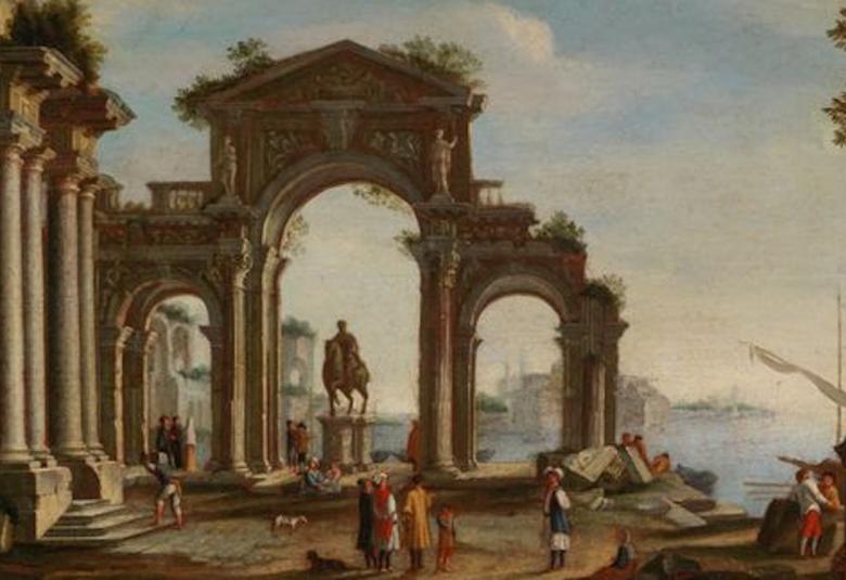 Kuvassa on kolmiosainen portti ja vasemmalla vieressä on pylväikkö sekä palmuja. Taustalla on poutapilviä ja kauempana kaupunkia.