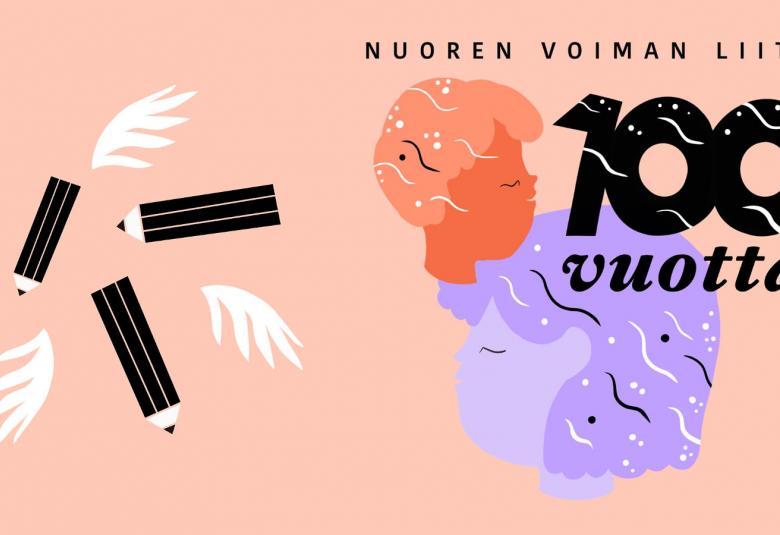 Kuvassa on Nuoren Voiman Liiton 100-vuotisjuhlavuoden juliste, joka on taustaltaan oranssin vaalea ja siinä on tekstin lisäksi vasemmalla musta-valkeita kyniä.