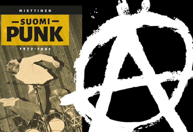 Kuvassa on vasemmalla on kuva kirjan kannesta, jossa on suurilla mustilla kirjaimilla Suoi Punk ja oikealla valkoisella iso A-kirjain, joka on ympyröity.