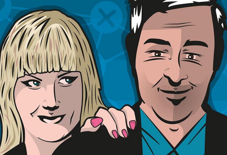 Kuvassa on osa kirjan kannesta ja siinä on piirroskuva naisesta, joka on miehen takana.  Kuvat ovat kasvokuvia ja tausta on sininen.