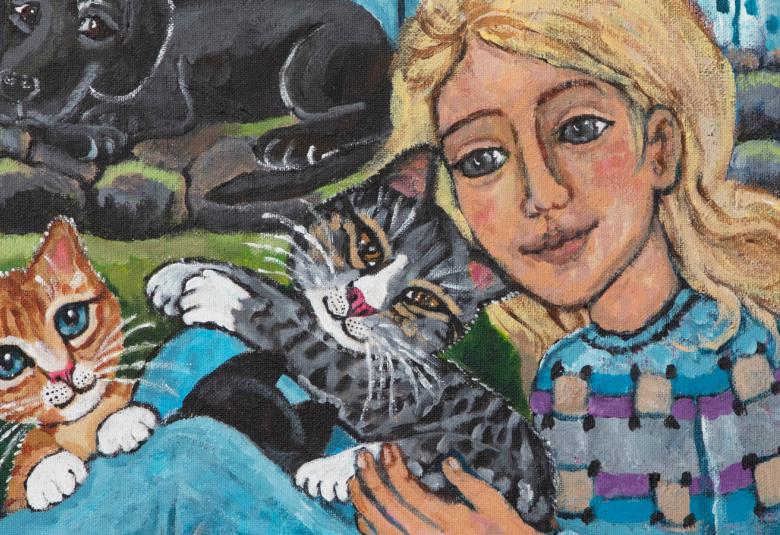 Kuvassa on naivistitaiteilijan teos, jossa on tyttö kahden kissan kanssa.