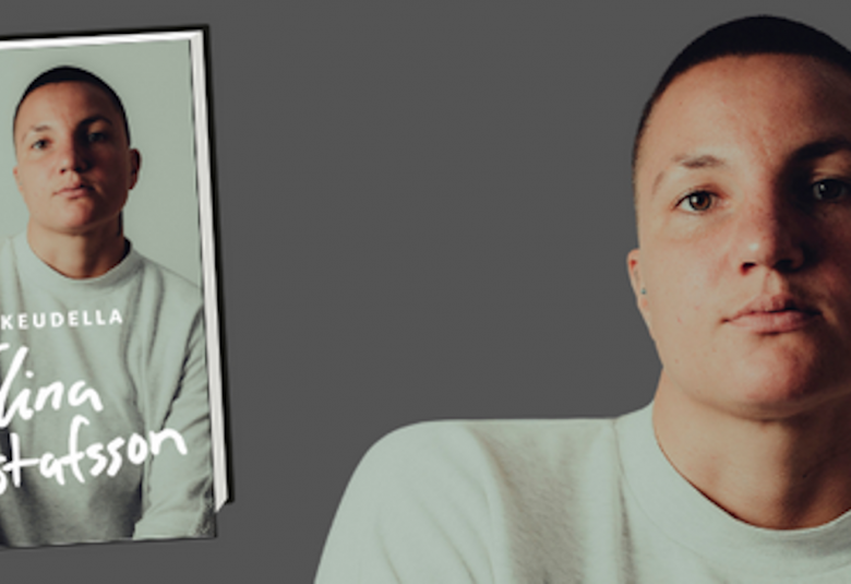 Kuvassa on vasemmalla kirjan kansi ja oikealla kasvokuva Elina Gustafssonista tumman harmaalla pohjalla.