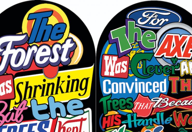 Kuvassa on kaksi pyöreällä yläosalla olevaa taulua, joissa on molemmissa eri firmojen logoja.