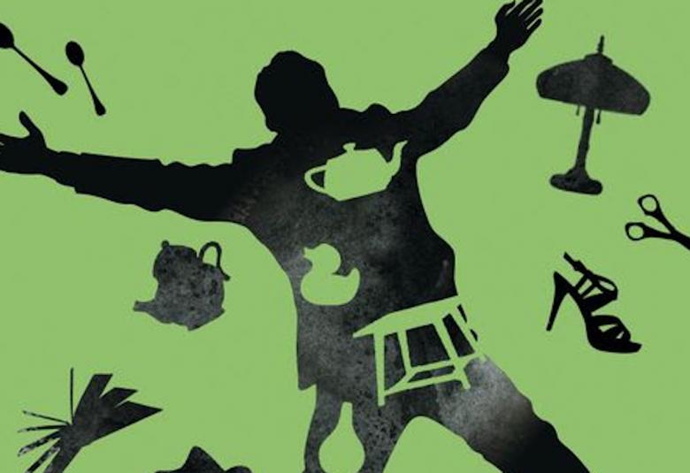 Kuvassa on vihreällä pohjalla, jossa on mustalla miehen hahmo kädet levällään ja ympärillä leijuu esineitä ja mm. tuoli. 