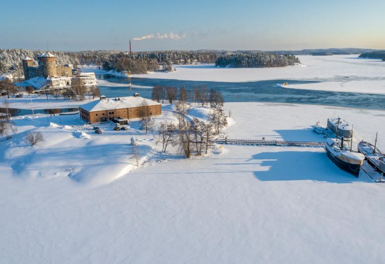 Kuvassa on Riihisaari kuvattuna ylhäältä päin.  Kuvassa ovat myös vieressä olevat museolaivat ja takana on Olavinlinna. Kuva on talvikuva ja jäällä on lunta sekä taaempana sulaa vettä. 