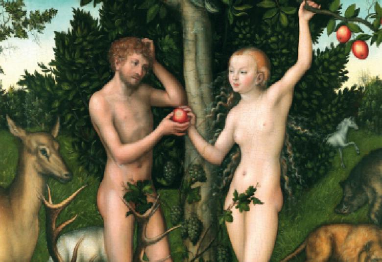 Kuvassa on osa krjan kannesta, jossa on klassinen taideteos alastomista naisesta ja miehestä puutarhassa sonnustautuneena lehvään.