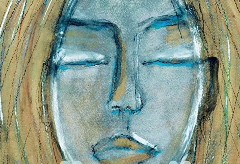 Kuvassa on maalaus, jossa on nuoren naisen kasvot silmät kiinni. Kasvot ovat harmaat ja hiukset ovat vihertävät.