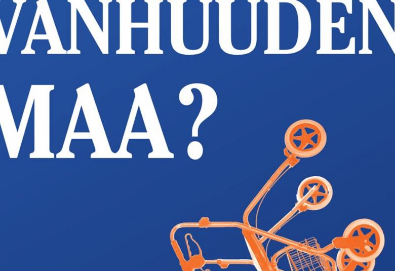 Kuvassa on osa kirjan kannesta, jossa on sinisellä pohjalla valkoisella isolla tekstillä vanhuuden maa? ja alla on oranssi piirretty rollaattori nurin päin. 