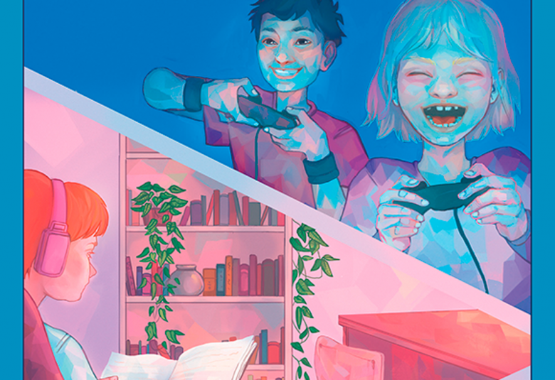 Kuvassa on osa tutkimuksen kannesta, jossa on piirroskuvassa vinosti jaettu tila.  Ylemmässä kuvassa on tyttö ja poika pelaamassa pelikonsoleilla ja alemmassa tyttö istumassa lukien kirjaa.  Kuvan värit ovat vaalean sininen ja vaalean punainen pääasiassa.